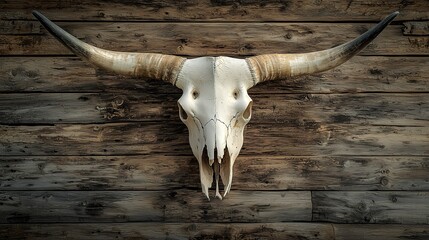 A longhorn bull skull with large curved horns mounted on a weathered wooden wall as a rustic western decoration

