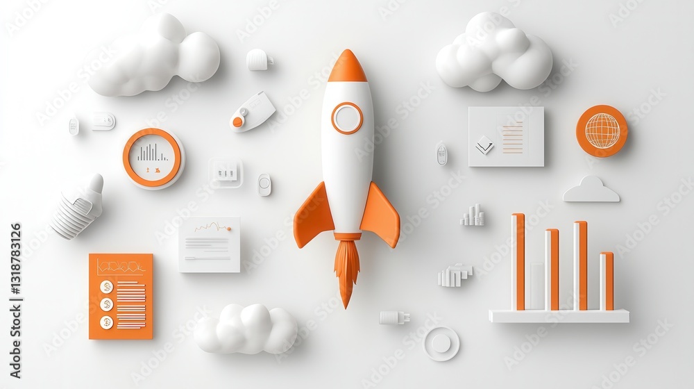 Poster sleek and futuristic orange rocket spacecraft taking off against a clean minimalist background surro