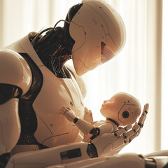 A futuristic robot tenderly cradles a smaller robot, symbolizing care and connection between technology and emotion.
