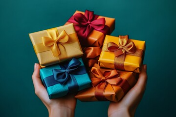Colorful gift boxes with satin ribbons evoke a cheerful atmosphere, perfect for holiday marketing, birthday celebrations, or seasonal promotions.