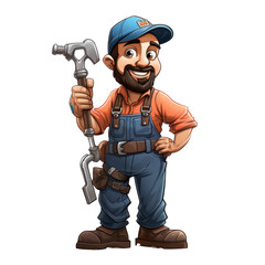 Cartoon mascot man in a blue shirt and orange vest holding a hammer isolated on transparent background