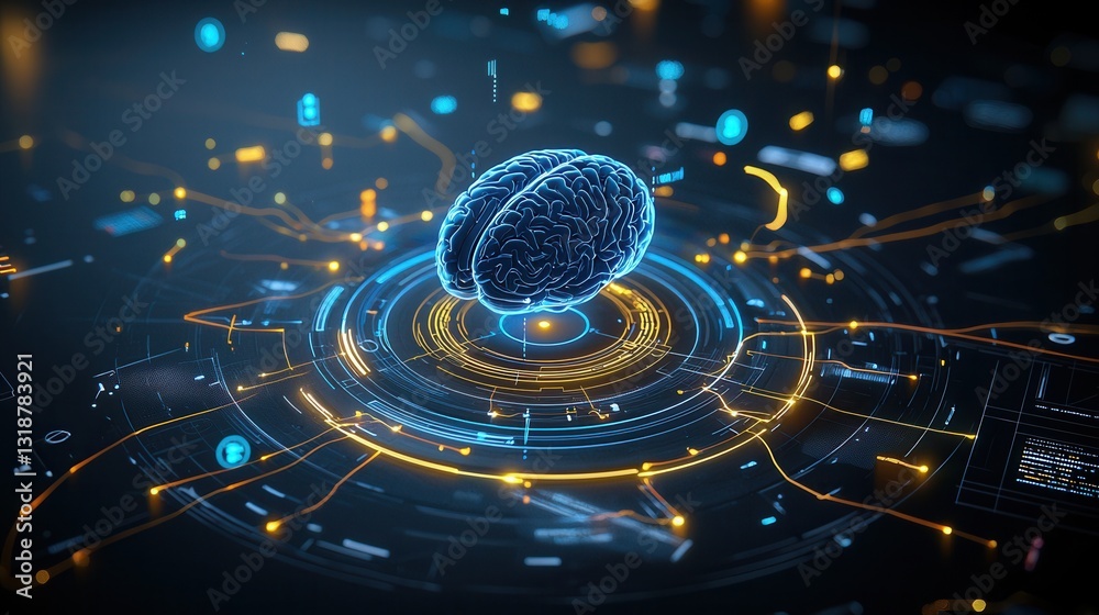 Poster futuristic brain featuring luminous neural network visualization of digital data and energy flow in 