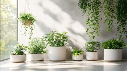 Fototapeta premium Several potted plants arranged near a window under natural sunlight