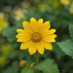 Obraz premium Close up shot of yellow flower, with green leaf, bud, petal, plant, stamen and happiness feeling when looking at flower in smooth and soft background
