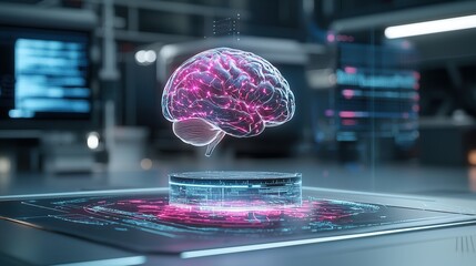 Futuristic Consciousness with Neon Brain Hologram  A digital abstract visualization of intelligence neural networks and the concept of the human mind and cognition in a science fiction setting