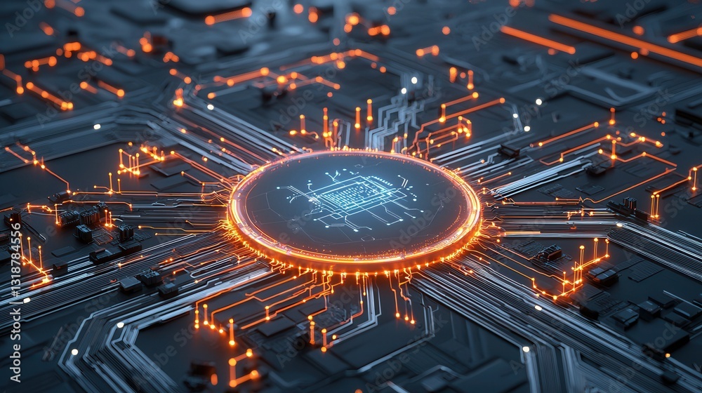 Poster futuristic ai powered computing system with translucent digital circuitry and luminous energy flow a