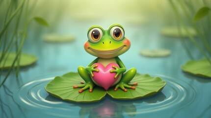 Cheerful cartoon frog holding heart on lily pad in pond