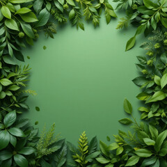 Fototapeta premium Green leaves frame, creating serene and verdant border around calming, solid green center, nature tranquility