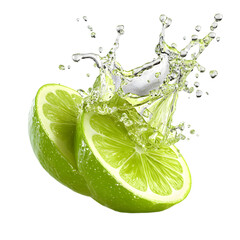Fresh lime halves splash in water, creating a vibrant and refreshing scene perfect for beverages and culinary uses.