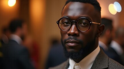 Fototapeta premium Thoughtful Black man wearing glasses at formal indoor event