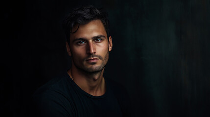 Obraz premium Man in a dark room, deep sadness in his eyes, moody cinematic lighting, professional photography,