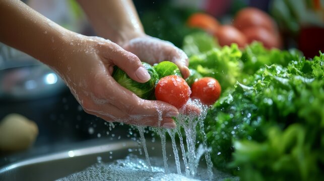 Close-up of hands washing fresh vegetables under running tap water in a kitchen sink for safe food preparation and hygiene, ensuring clean ingredients for a healthy salad and cooking