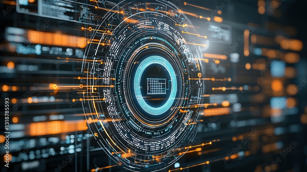 Poster sci fi digital defense visualization with glowing futuristic hologram sphere abstract digital techno