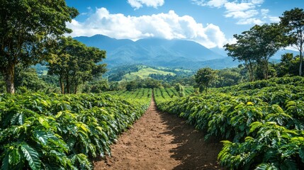 Naklejka premium Medium-close-up of a shadowed dirt path weaving through lush green coffee plants; rich earth tones contrast with verdant leaves at the heart of the field