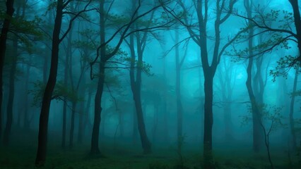 Obraz premium Softly glowing blue and green hues illuminate the misty atmosphere of a forest at dusk, nature, green