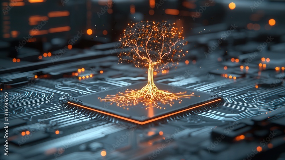 Poster futuristic digital fusion of a neural brain and advanced technology concept glowing electric circuit