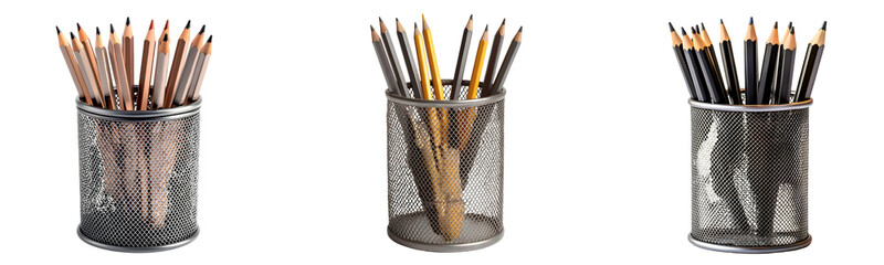 A metal mesh pencil holder, with pencils inside, is displayed on a transparent  background