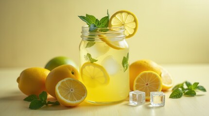 Fototapeta premium Refreshing homemade lemonade with mint in mason jar on table