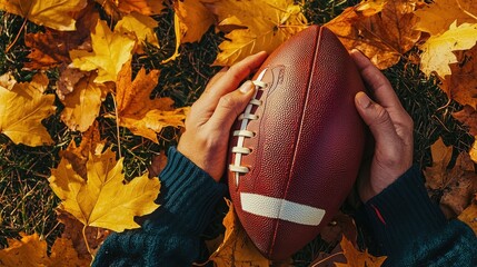 Vibrant Composition Featuring a Football in Hands Surrounded by Colorful Autumn Leaves on the Sideline
