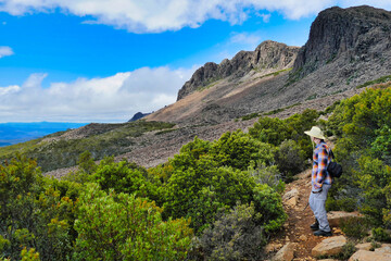 Woman hiking on a mountain trail, high on the northern flank of Ben Lomond, Tasmania, Australia. Scree slope and low alpine vegetation.
