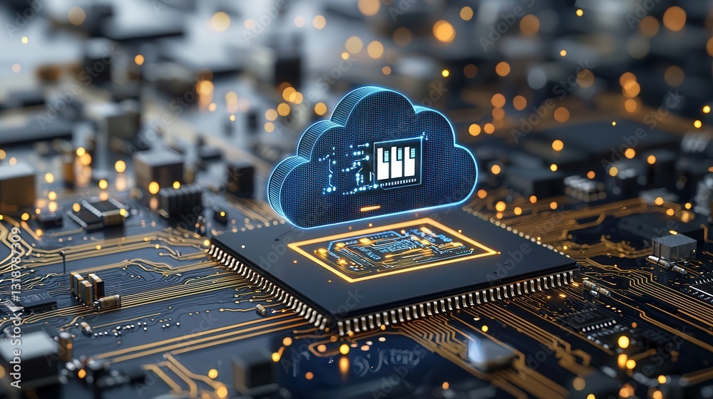 Poster sci fi inspired digital cloud technology concept with advanced chip and circuit board futuristic and