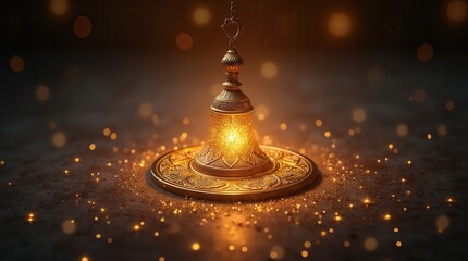 Mystical glowing Middle Eastern lantern in dark setting