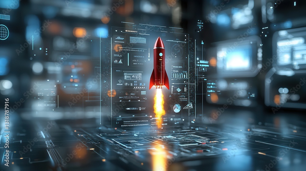 Poster sci fi rocket launch concept with a gleaming red spacecraft lifting off in a futuristic digital back