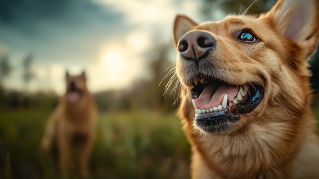 Dog with a big smile on its face is looking at the camera. The dog is brown and has a happy expression