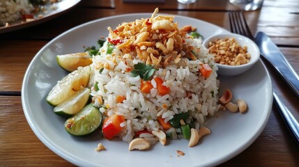 Colorful dish of fried rice with vegetables, peanuts, lime, and crispy onions on a white plate in a dining setting