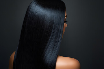 Fototapeta premium Smooth, shiny black hair flows down the back of a person against a dark background, highlighting elegance