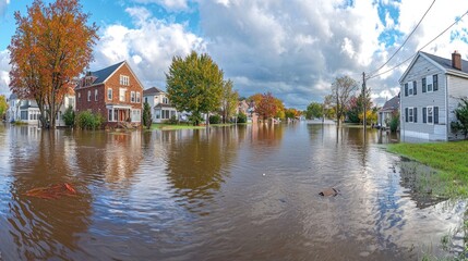 Fototapeta premium Flooded street; houses surrounded by water, trees in fall foliage, overcast sky above