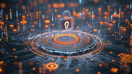 Digitally Rendered Futuristic Representation of Cybersecurity with Glowing Geometric Encryption Symbols and Neon Techno inspired Background