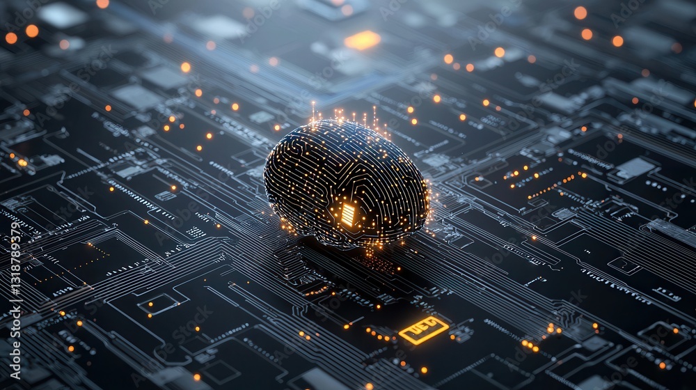 Poster futuristic cybernetic concept with an illuminated glowing microchip structure composed of intricate 