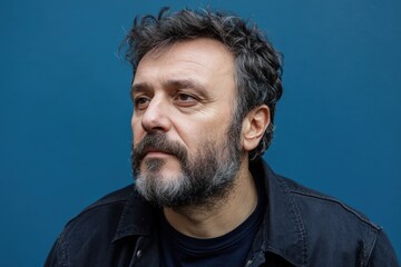 Obraz premium Portrait of a Pensive Man with Curly Hair and Beard Against a Blue Background