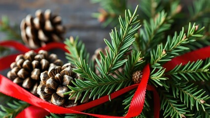 Pinecones and sprigs of rosemary wrapped in red ribbon, sprig, evergreen