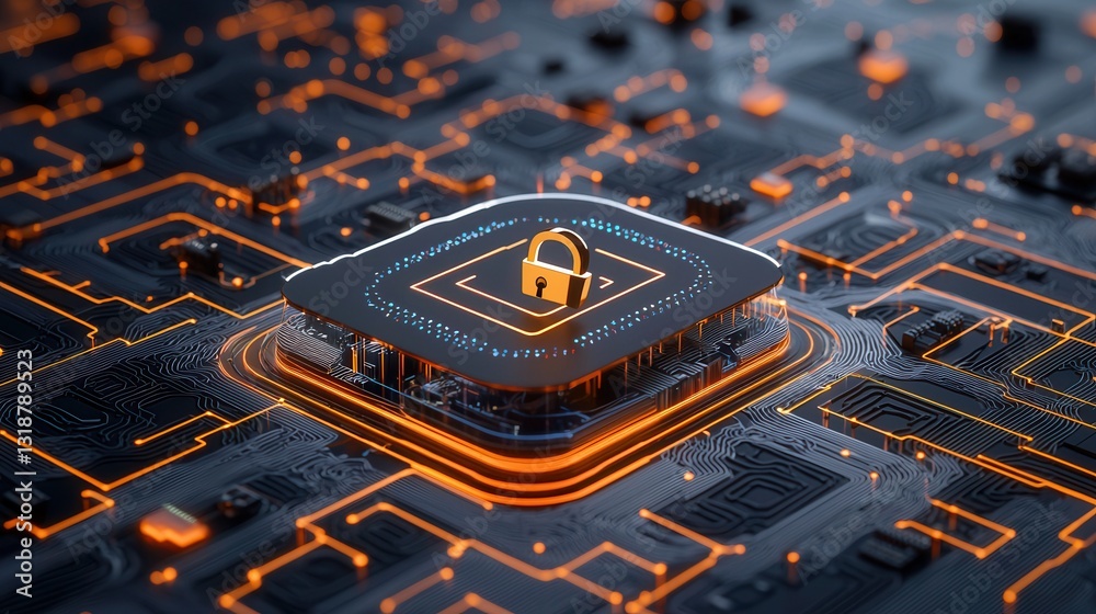 Poster secure data storage and protection concept featuring a futuristic circuit board design with processo