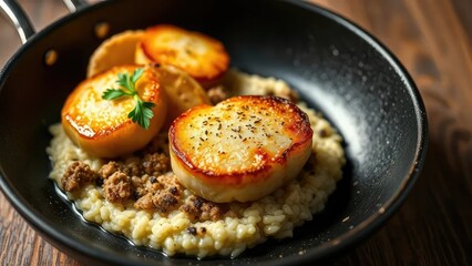 Pan-seared scallops with truffle risotto and parmesan tuile, risotto, tuile, parmesan