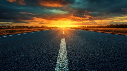 Asphalt road stretches into a vibrant sunset