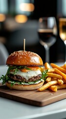 Gourmet burger with cheesy topping, fresh lettuce, tomato, and crispy fries served in an elegant restaurant setting. Indulgent dining experience.