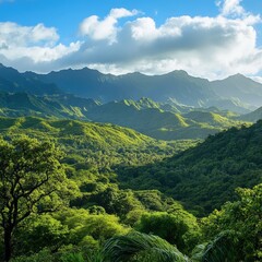 Fototapeta premium Lush green forest envelops a distant, verdant mountain range. Majestic peaks crowned with lush foliage emerge from the misty horizon, offering an enchanting escape to nature's embrace