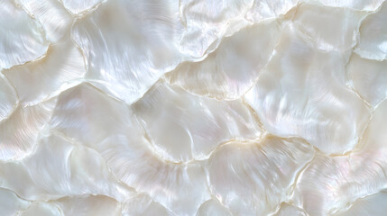 The smooth surface of mother of pearl glimmers under soft light, showcasing unique patterns and textures