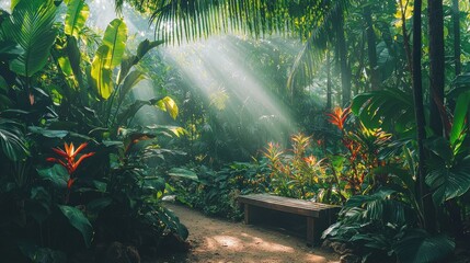 Tropical pathway with sunbeams through lush greenery and a bench