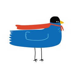 Funny blue bird superhero. Childish graphic. Vector hand drawn illustration.