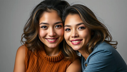 Twin Sisters Radiate Joy And Sisterly Love In A Tender Embrace Against A Soft Gray Backdrop