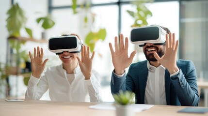 Two people wearing virtual reality goggles are smiling and waving at the camera. They are sitting at a table with a potted plant in the background