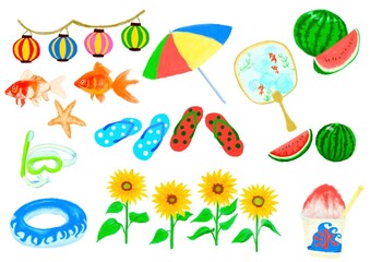 夏のモチーフで提灯や金魚やパラソルや西瓜や向日葵やかき氷などのイラストセット