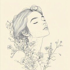 Line Art Portrait of a Woman with Floral Elements