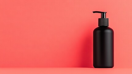   A black soap dispenser sits atop a pink surface, with another black soap dispenser stacked on top