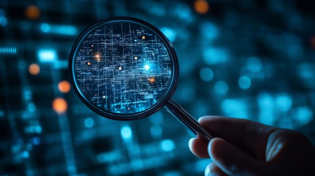 magnifying glass in hand on abstract technology node connection internet background, finding error bug