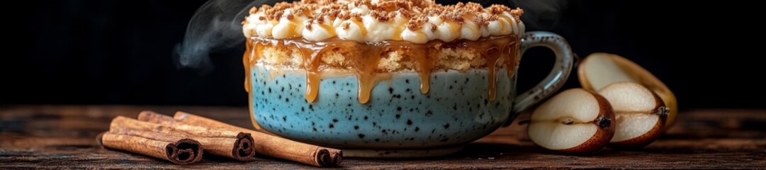 Delicious Pear Cake with Caramel Drizzle and Cinnamon Sticks. Generative AI